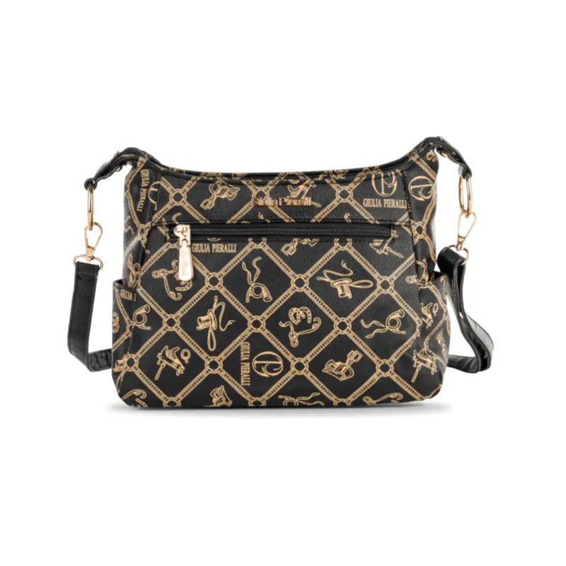 Borsa nera da donna in stampa multi logo con tracolla in tessuto