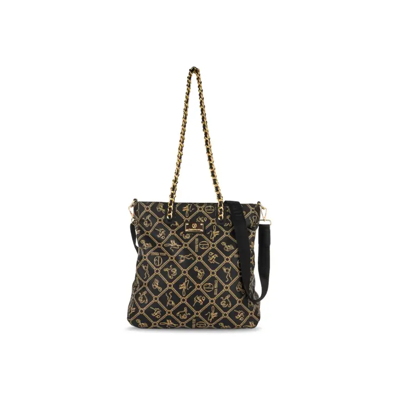 Borsetta marrone da donna con stampa multi logo e tracolla in catena