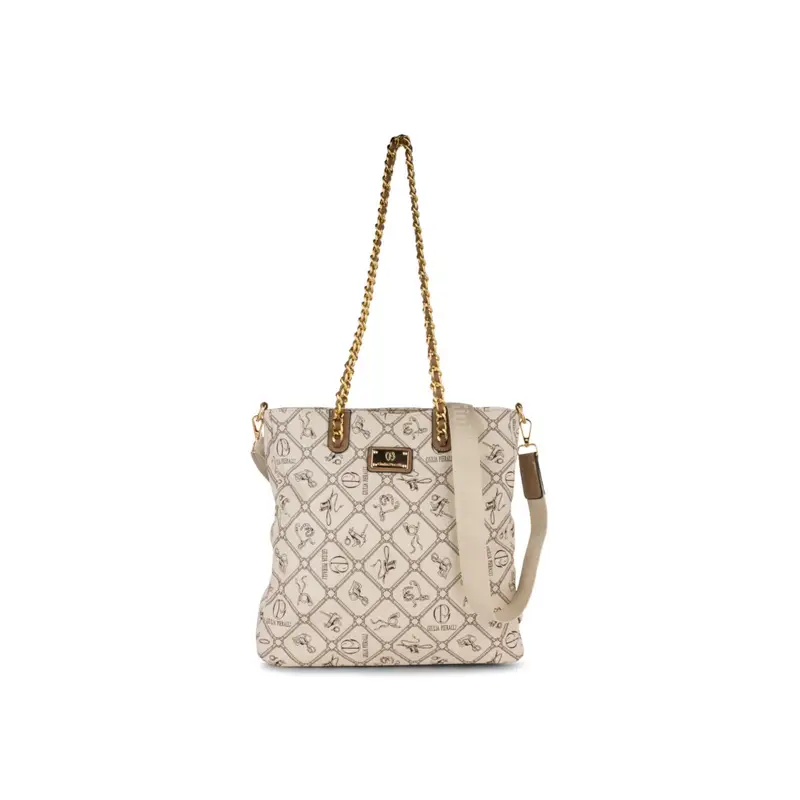 Borsetta marrone da donna con stampa multi logo e tracolla in catena