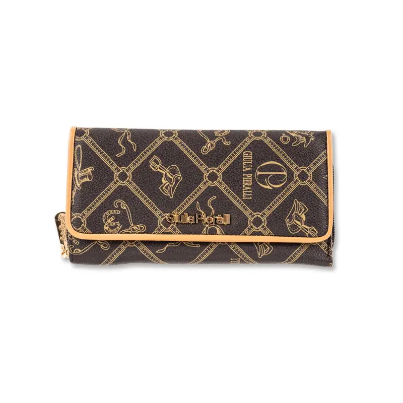 Portafoglio marrone da donna con patta e stampa multi logo