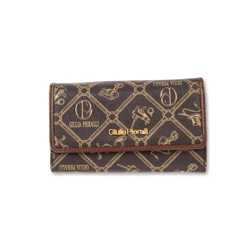 Portafoglio orizzontale marrone da donna in stampa multi logo con patta