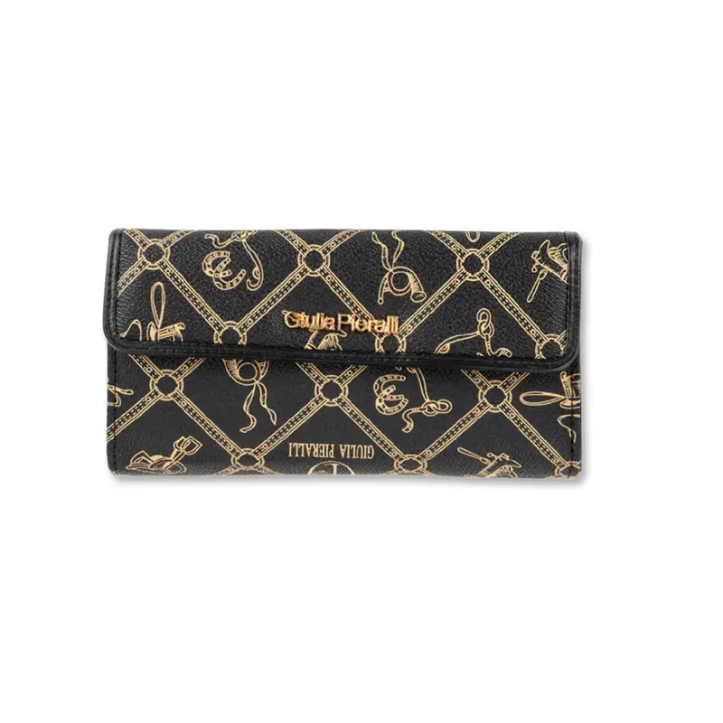 Portafoglio orizzontale nero da donna con patta e stampa multi logo