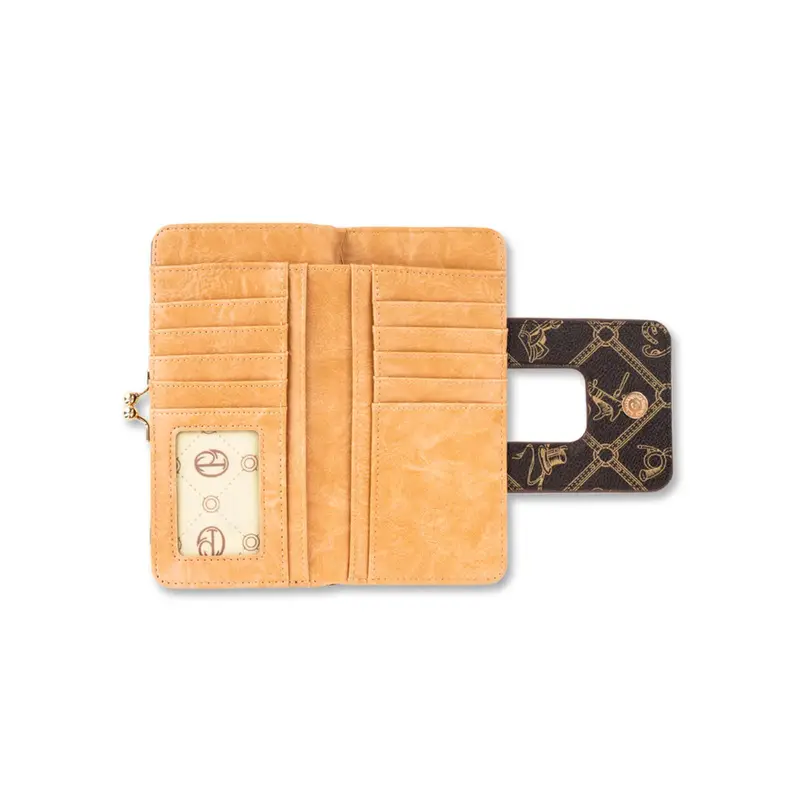 Portafoglio verticale marrone da donna con stampa multi logo e chiusura con bottone