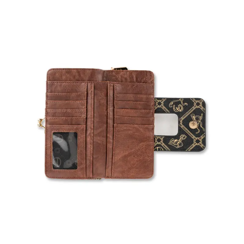 Portafoglio verticale nero da donna con stampa multi logo e chiusura con bottone