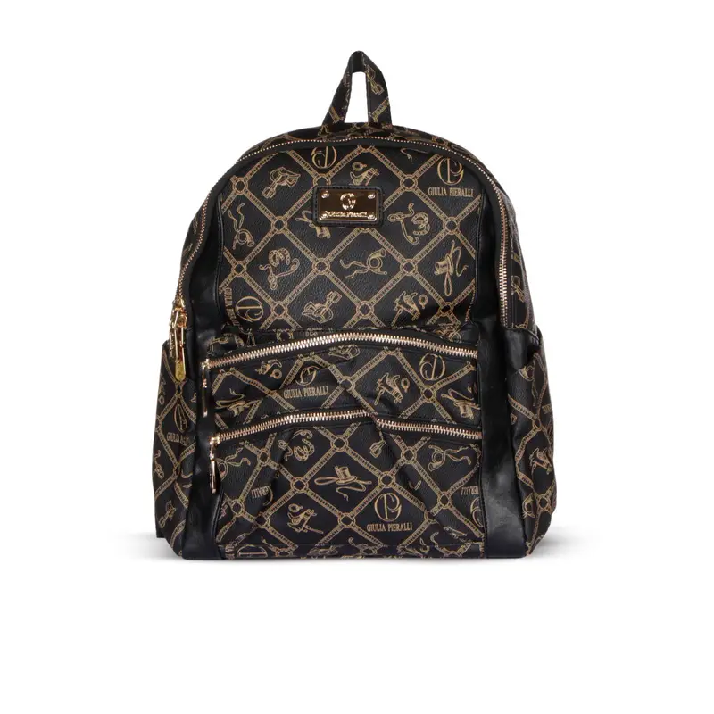 Zainetto nero e oro con stampa loghi e tasche zip esterne