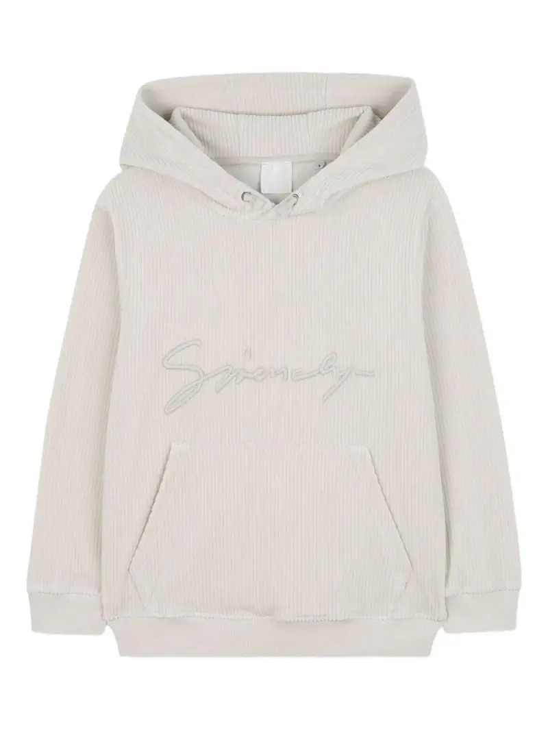 Felpa a Coste con Cappuccio e Logo Ricamato Crema