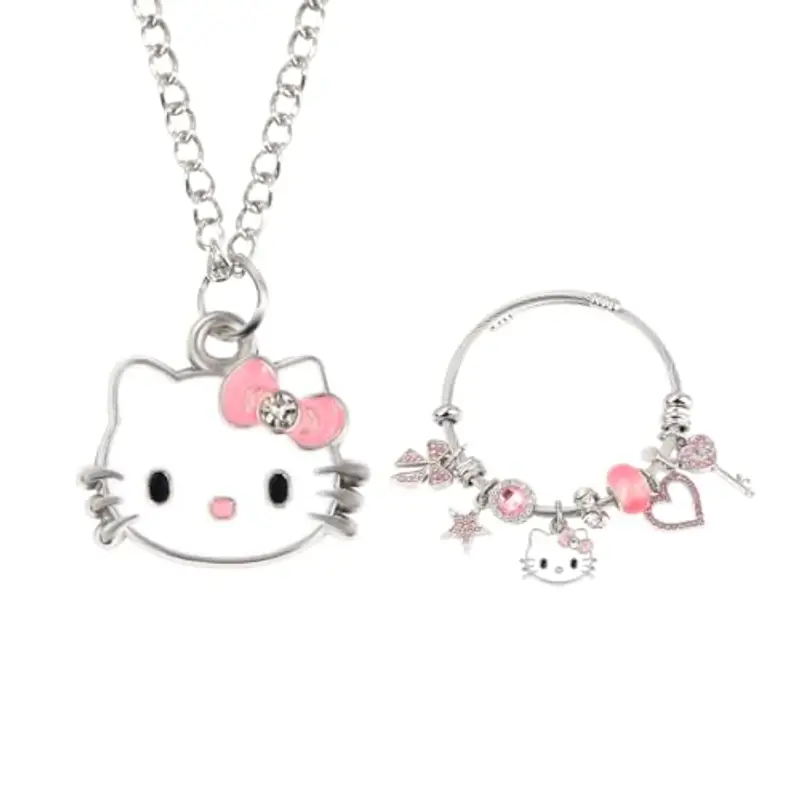 Gkaopi 2 Pezzi Cute Gatto Collana Pendente Braccialetti per Bambina, Anime Braccialetti Collane Gatto Gioielli Donna, Collanine Regolabile per Regalo Ragazze Compleanno