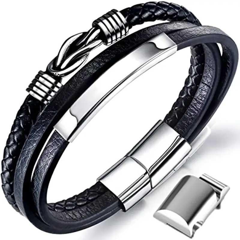 Gkmamrg Bracciale da uomo in pelle nera con cinturino in pelle Braccialetto intrecciata, in vera pelle intrecciata 22.5cm