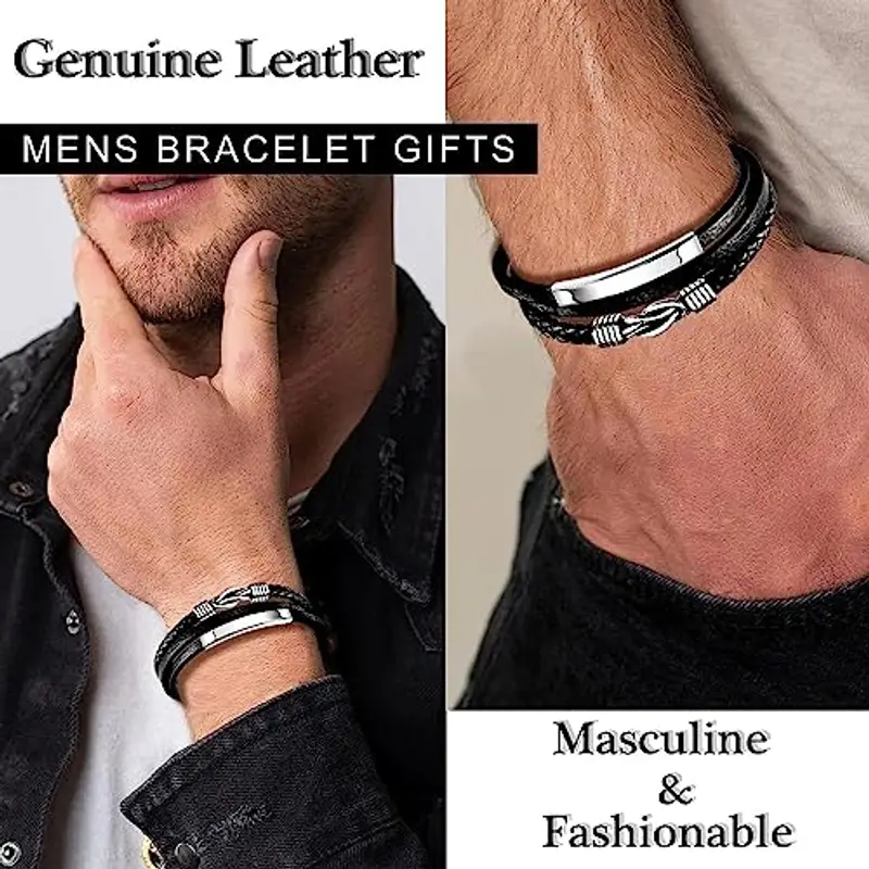 Gkmamrg Bracciale da uomo in pelle nera con cinturino in pelle Braccialetto intrecciata, in vera pelle intrecciata 22.5cm miniatura 2