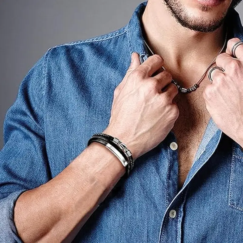 Gkmamrg Bracciale da uomo in pelle nera con cinturino in pelle Braccialetto intrecciata, in vera pelle intrecciata 22.5cm miniatura 3