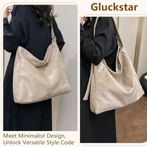 Gluckstar Borsa Donna in Scamosciata Pelle, Borsa Tracolla Elegante Hobo Tote Shopper Borsetta a Spalla per Lavoro miniatura 2