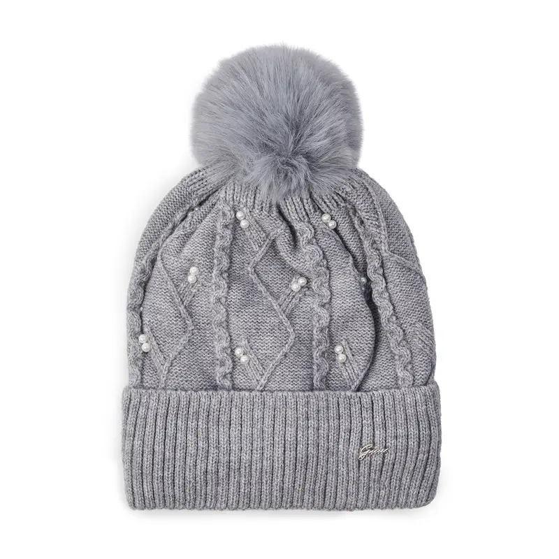 Berretto grigio da donna con perle e pon pon