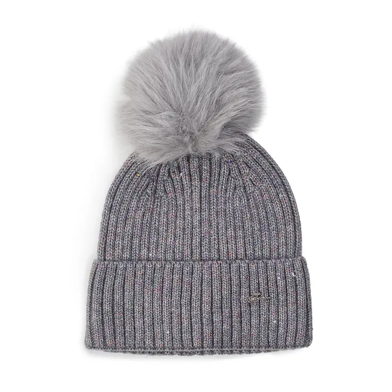 Berretto grigio da donna con pon pon e glitter