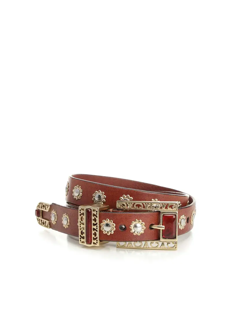 Cintura in pelle con borchie floreali Marrone