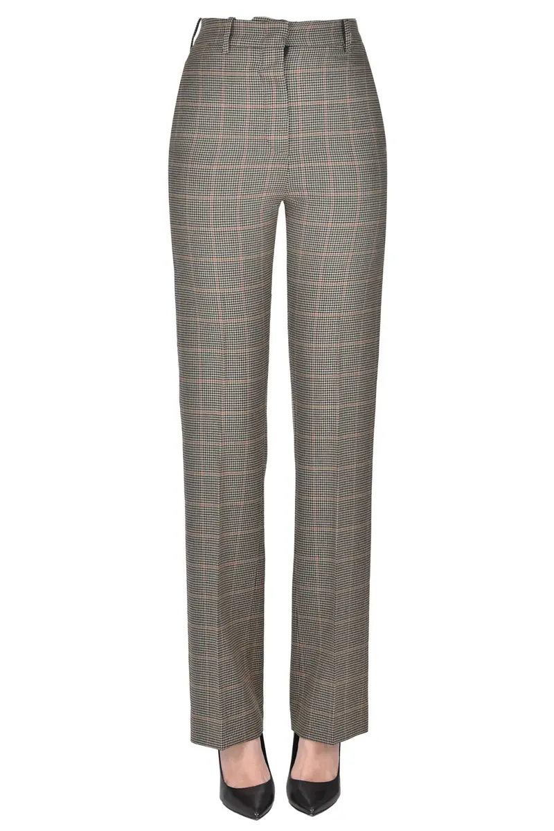 Pantaloni in lana stampa micro pied de poule Cammello