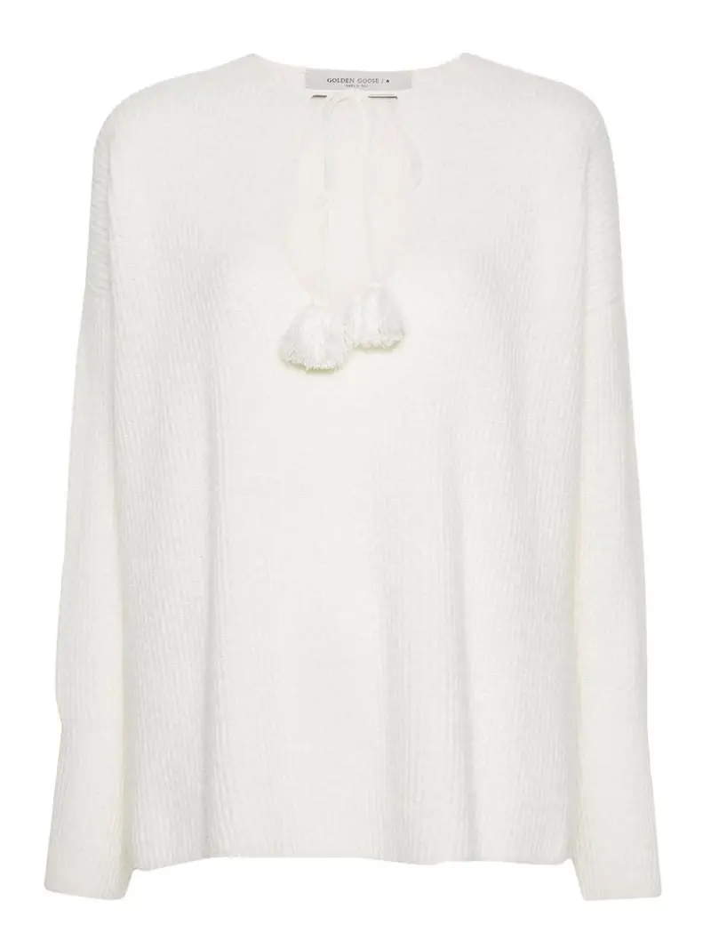 Maglione lavorato a coste con dettagli nappe Bianco