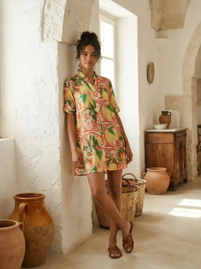 ABITO CAMICIA CON COLLO ALLA COREANA | Colore Corallo |