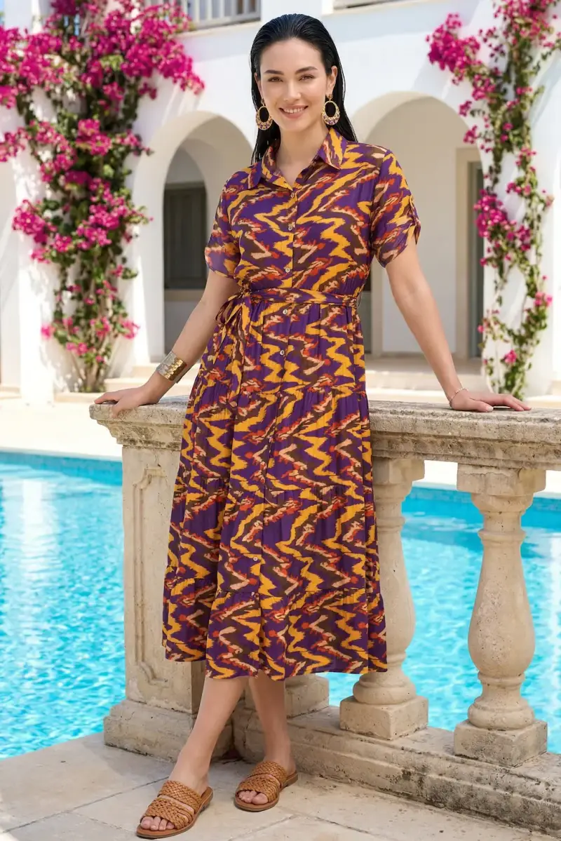 ABITO CAMICIA LUNCO CON CINTURA | Colore Ikat |