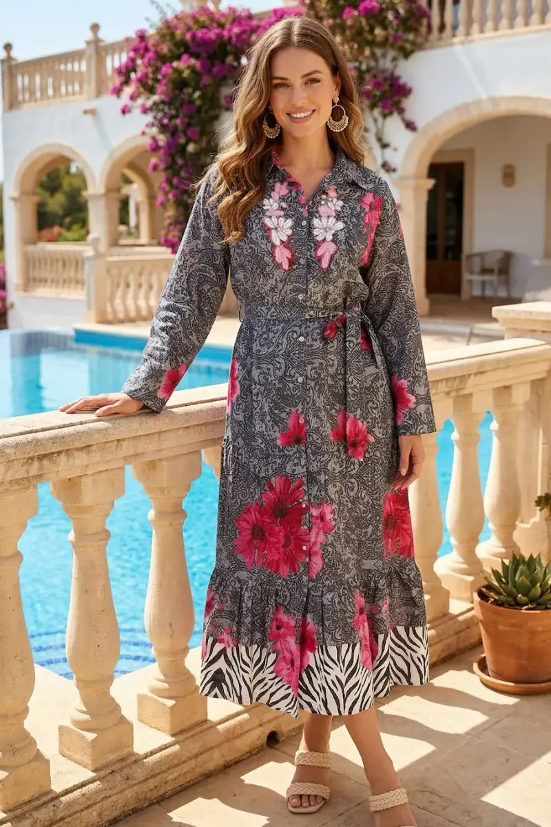 ABITO CAMICIA LUNGO CON CINTURA | Colore Esotica |