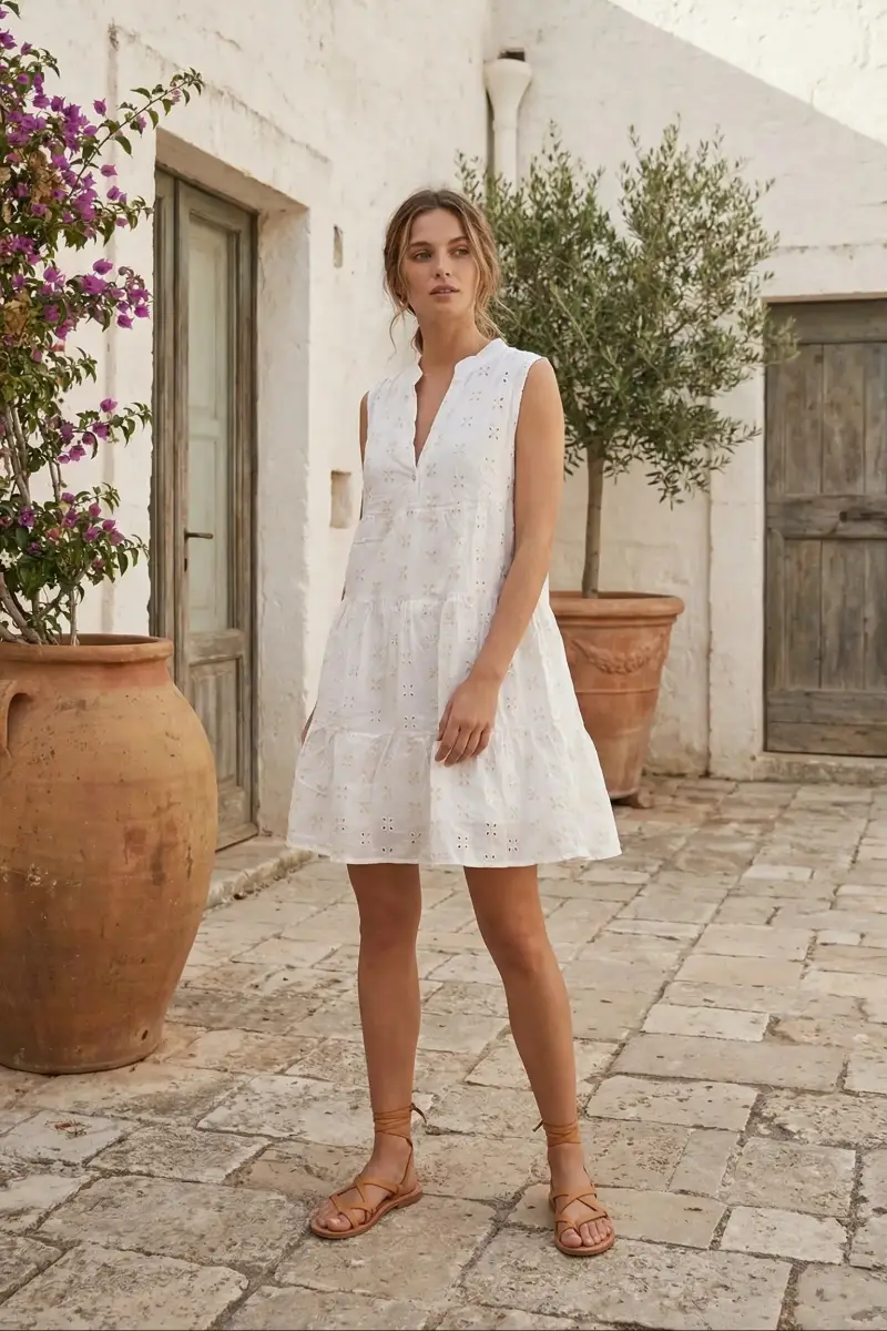 ABITO CORTO SMANICATO IN SANGALLO | Colore Ecrù | Ecrù