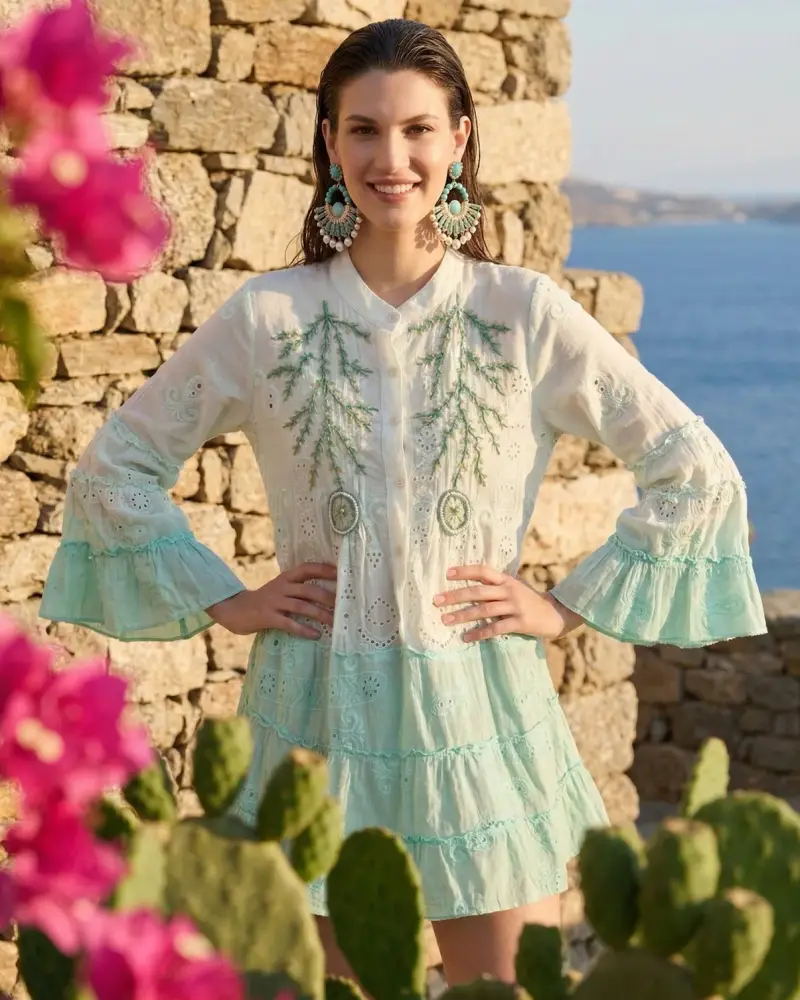 ABITO IN PIZZO SANGALLO CON RICAMI | Colore Turchese |