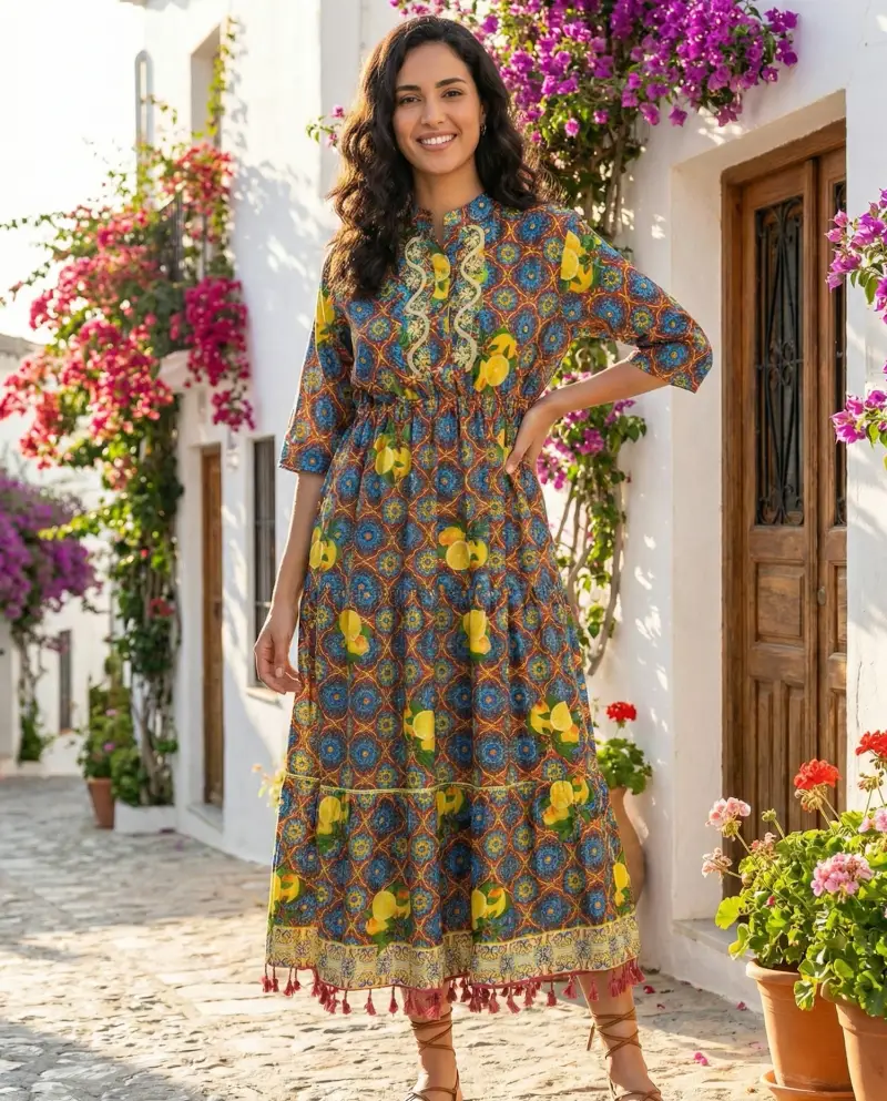 ABITO LUNGO A BALZE CON NAPPE | Colore Maiolica |