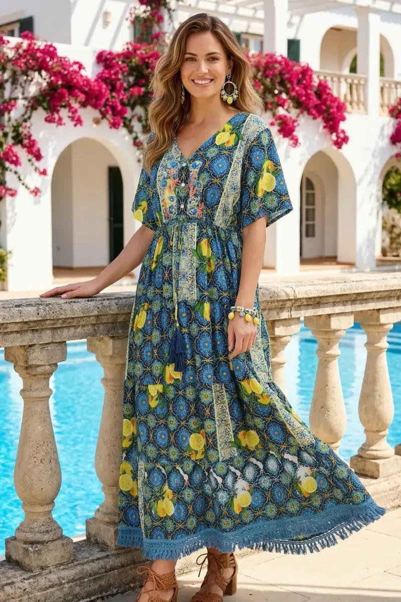 ABITO LUNGO A BALZE E COULISSE | Colore Maiolica |