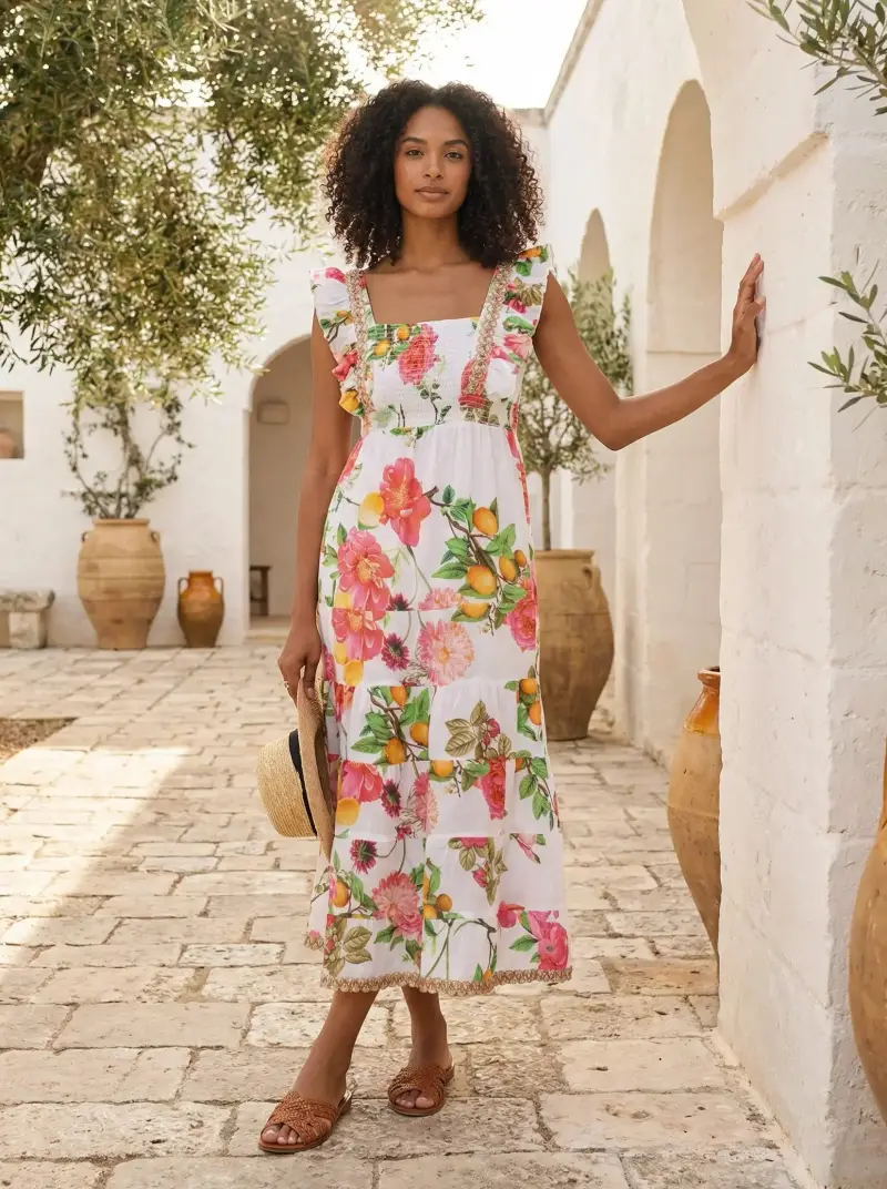 ABITO LUNGO CON SPALLINE VOLANT | Colore Floreale |