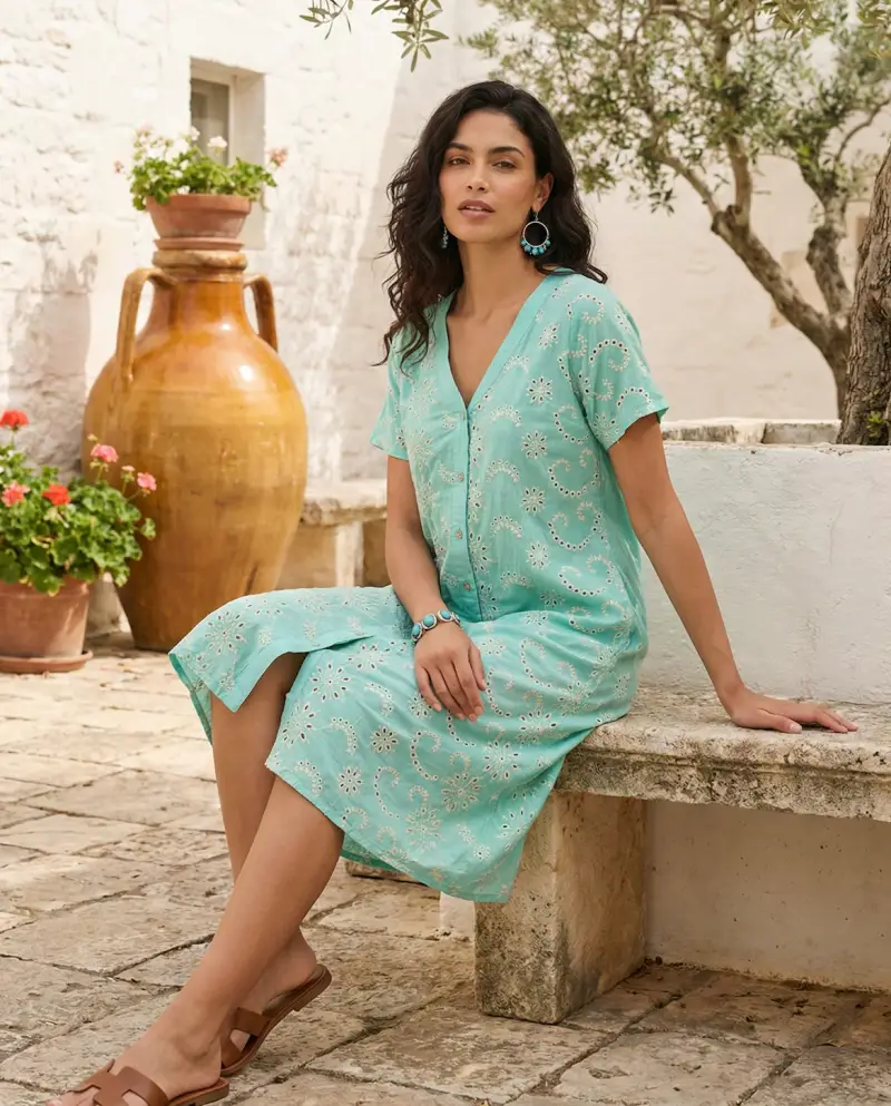 ABITO LUNGO IN PIZZO SANGALLO | Colore Turchese |