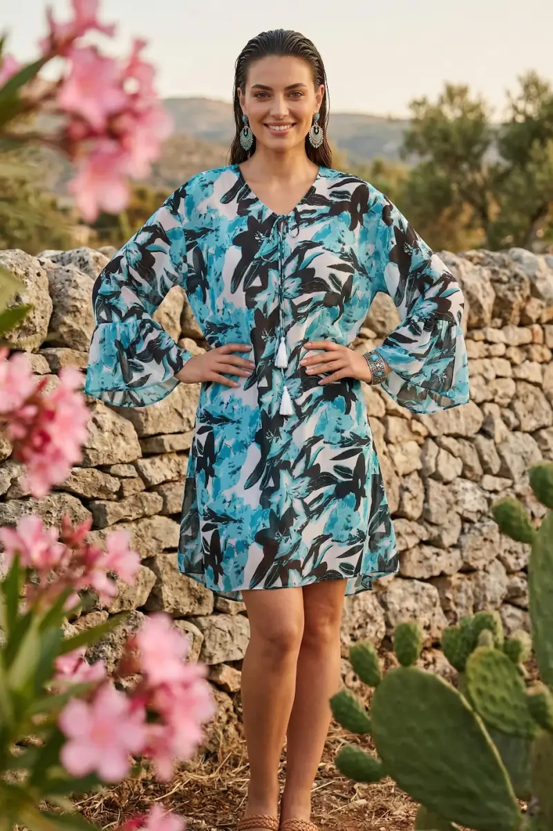 CAFTANO CON MANICHE A CAMPANA | Colore Fiori |