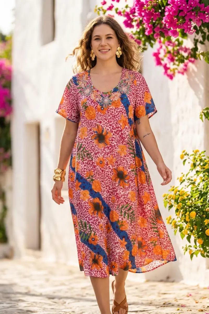 CAFTANO CON SCOLLO DECORATO | Colore Animalier |