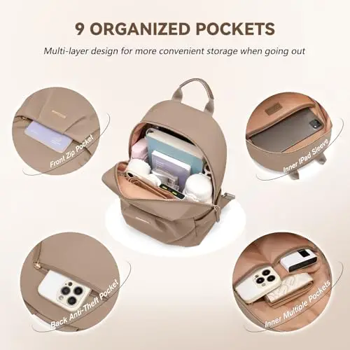 GOLF QUALITY Piccolo zaino da donna carino zaino borsa elegante zaino per università lavoro viaggi, Marrone champagne miniatura 3