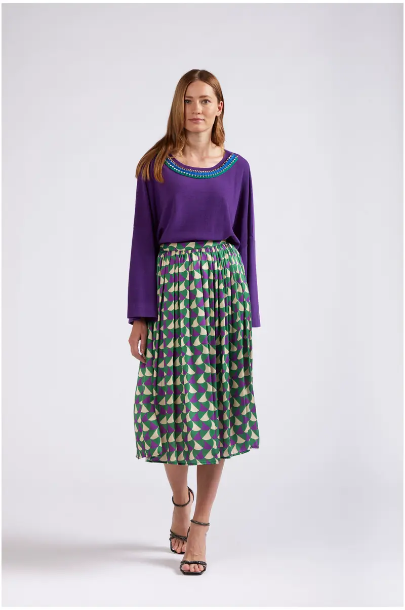 gonna a ruota in tessuto stampato geometrico