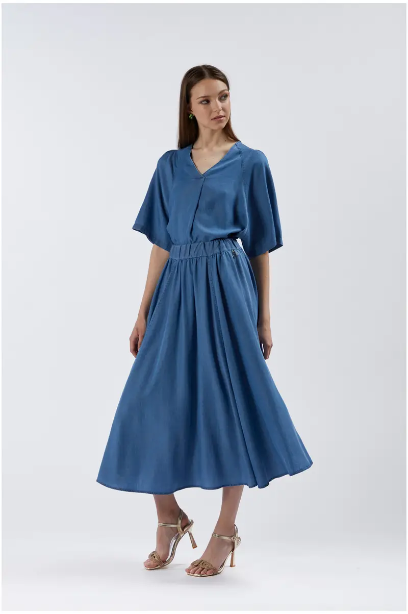 gonna ampia in tencel denim blu medio