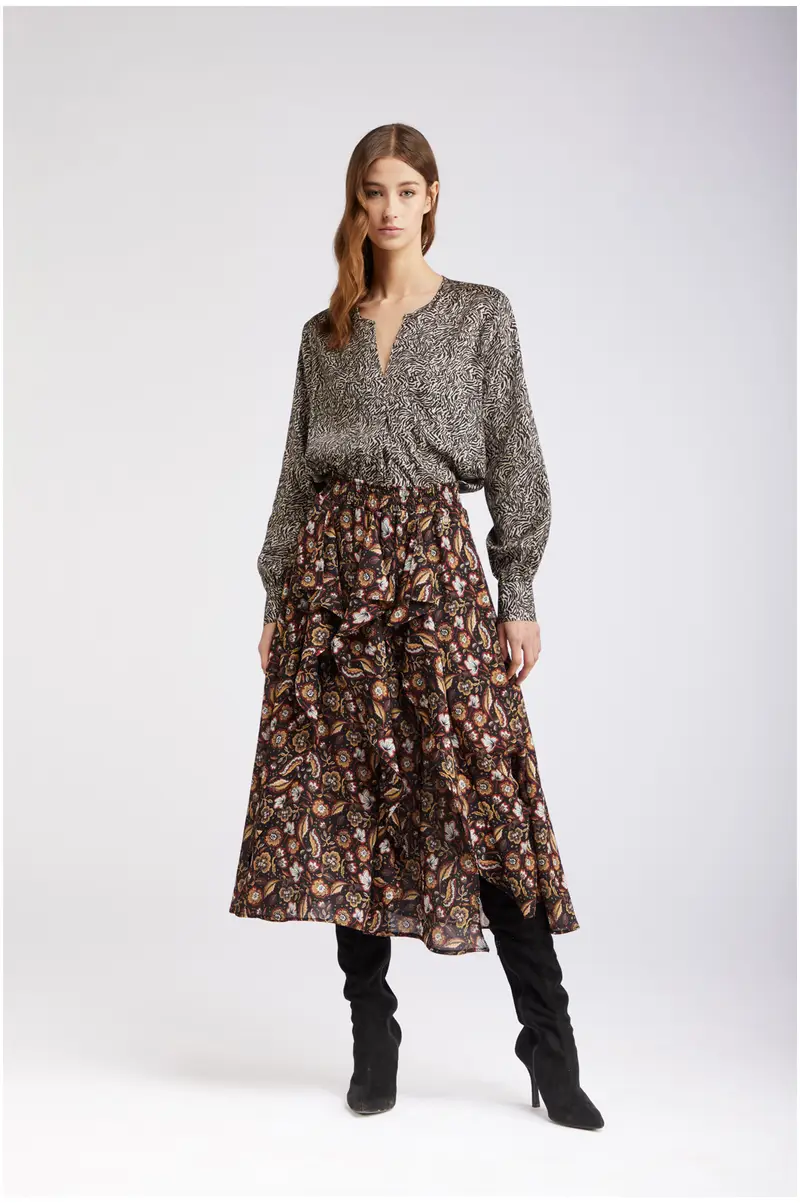 gonna con ruches georgette stampata fiore multinero l