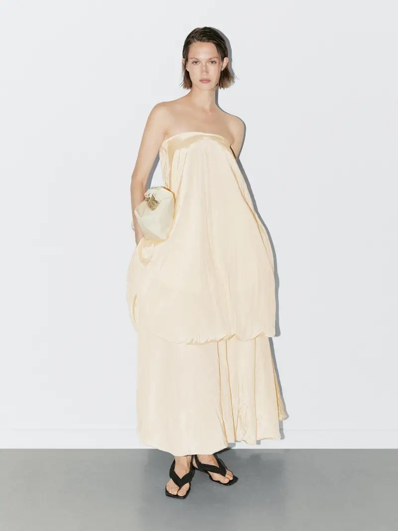 Gonna Midi A Palloncino Effetto Crinkle - Studio - Ecru - L - Massimo Dutti - Femminile