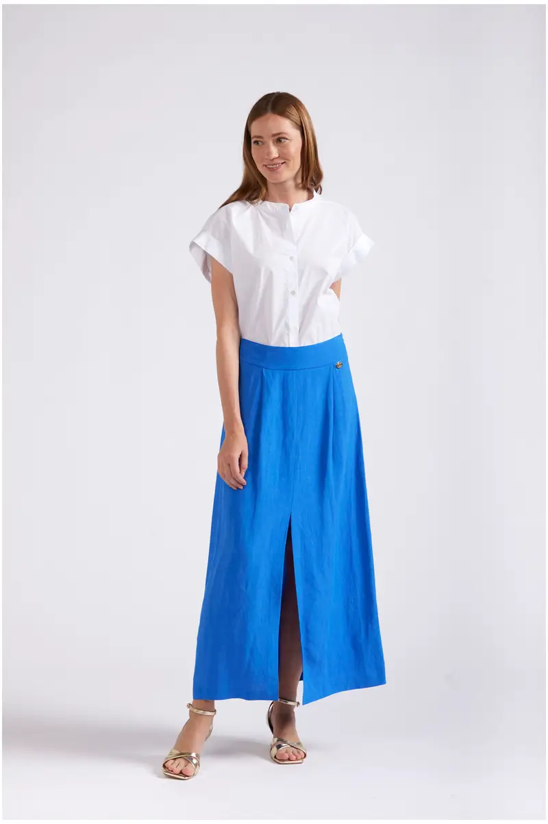 gonna misto lino con spacco anteriore bluette 38