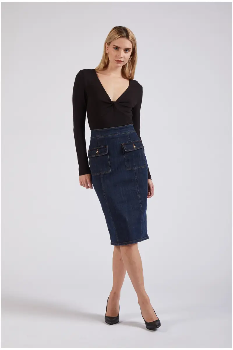 gonna tubino in denim blu medio scuro