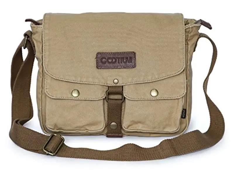 GOOTIUM Canvas Messenger Bag Khaki, Borsa Uomo, Cachi, 28 cm miniatura 2