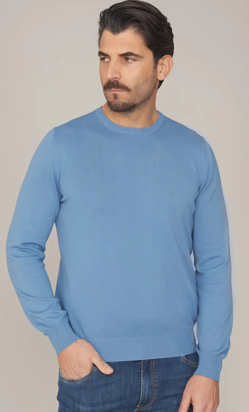 Maglia girocollo gran sasso in puro cotone egiziano, colore celeste