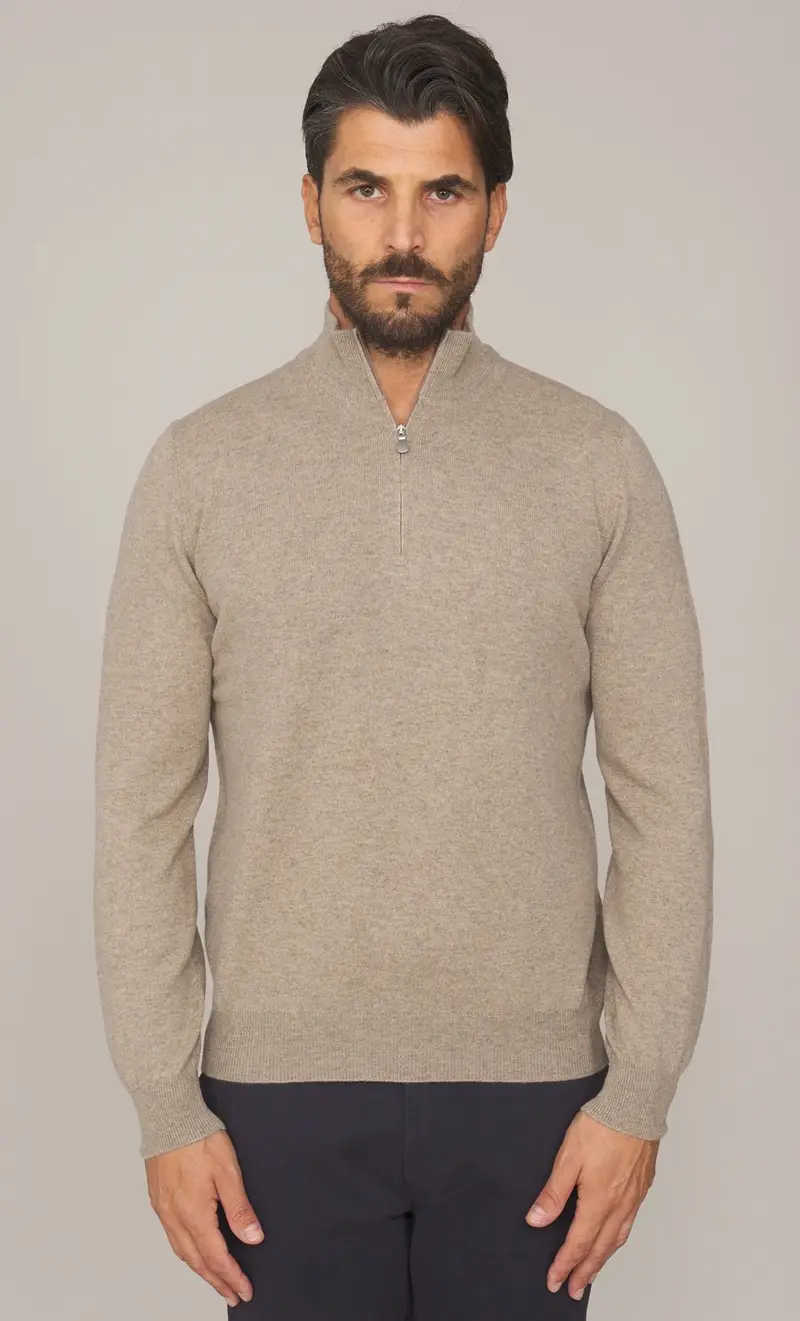 Maglia lupo zip gran sasso in lana e cashmere, colore fango
