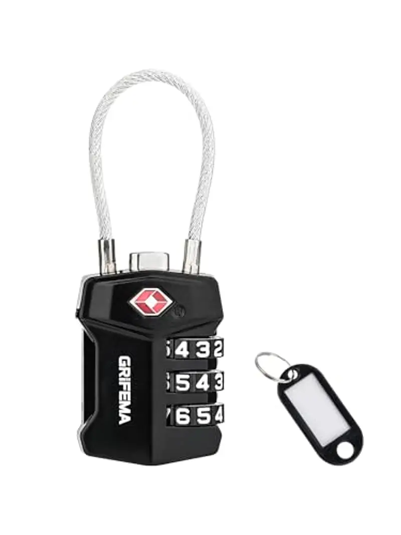 GRIFEMA Lucchetti TSA con Combinazione a 3 Cifre, Cavo Acciaio Flessibile per Valigie, Borse e Viaggi (Confezione Singola, GA1006)