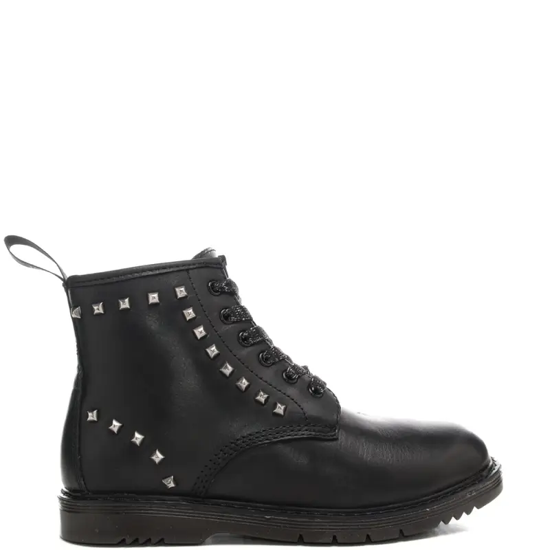 anfibi da bambina con lacci in lurex e borchie sulla parte esterna neri