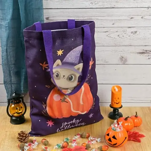 GTYARYUA Borsa Halloween Bambina, Sacchetti Halloween, Grande Borsa in Tela Riutilizzabile con Stampa, Dolcetto miniatura 2