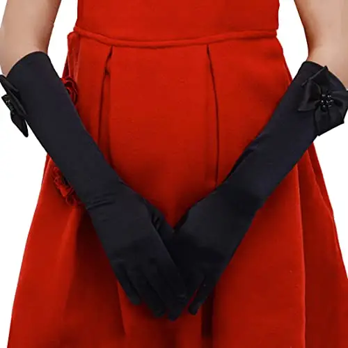Guanti lunghi da bambina, in raso, con fiocco, ideali per matrimoni, comunioni, feste, cosplay, spettacoli teatrali,
