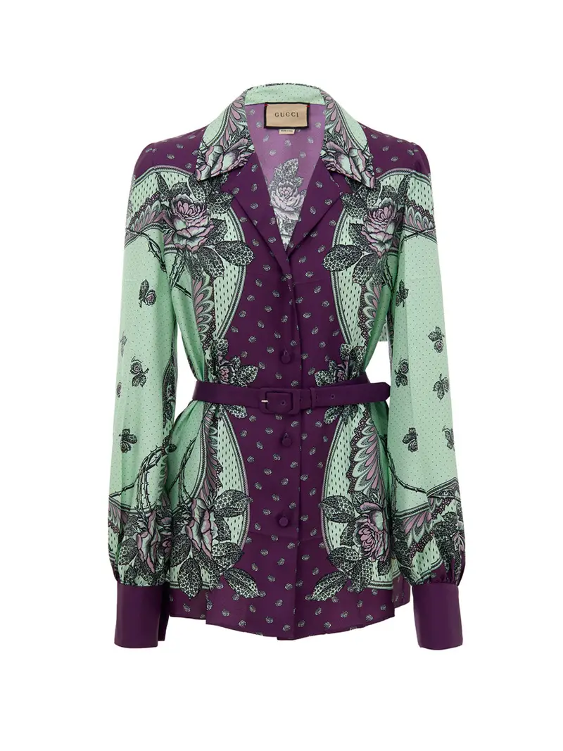 Camicia in Seta con Stampa Verde Menta e Viola Gucci VERDE ACQUA