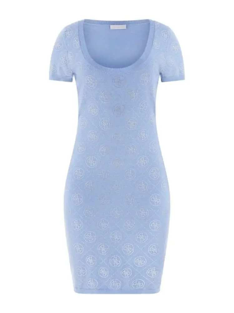 abito in maglia celeste polvere con logo 4g strass