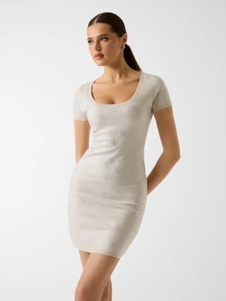 abito in maglia celeste polvere con logo 4g strass