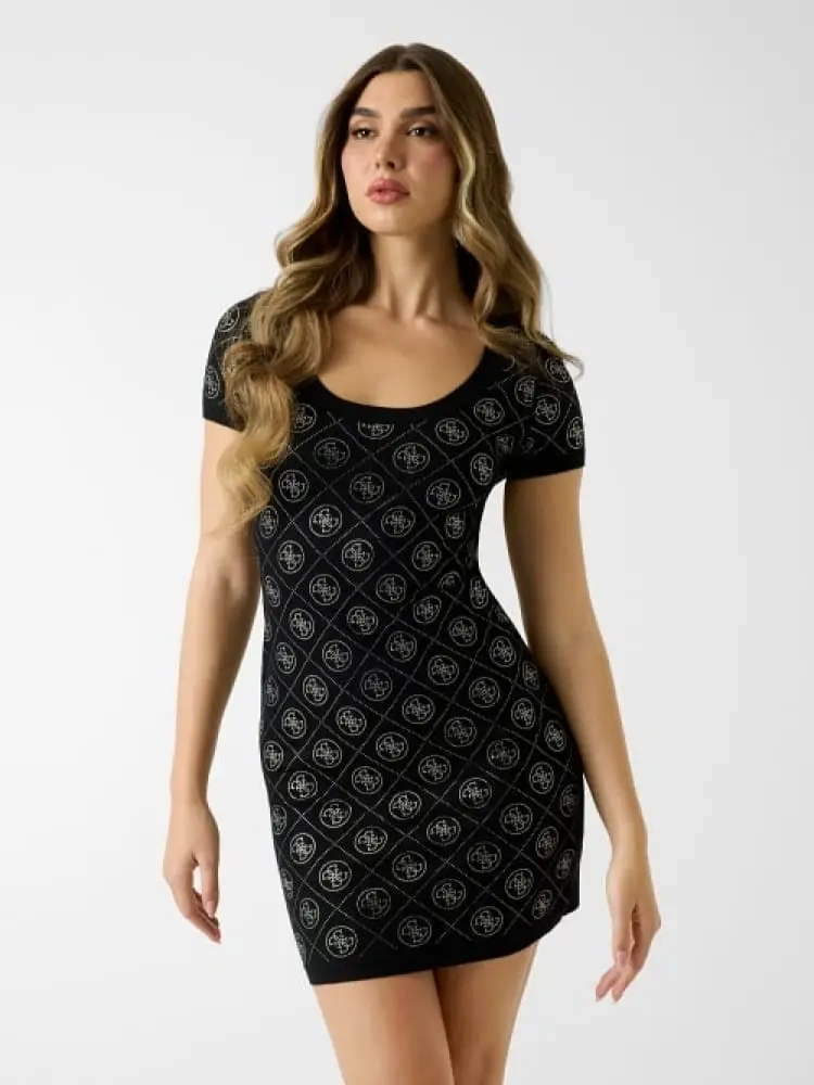 abito in maglia nero con logo 4g strass