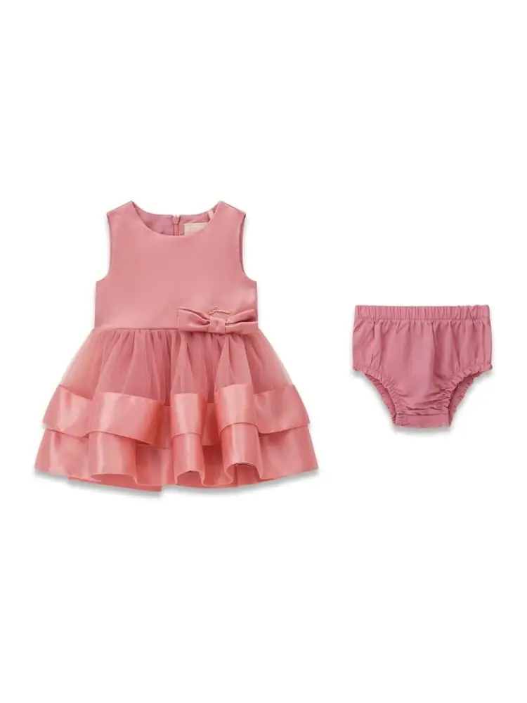 abito infant in cotone e raso rosa scuro con fiocco